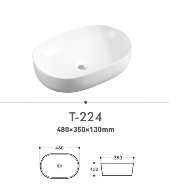 Oval white sink T-224 with dimensions 480x350x130mm.