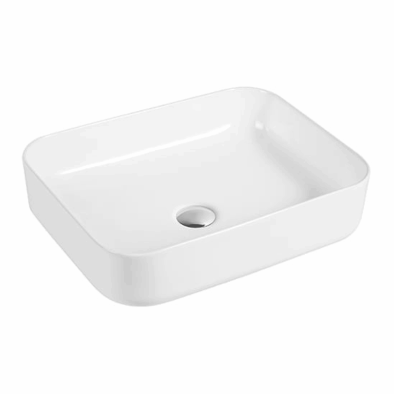 White rectangular ceramic bathroom sink with rounded edges.