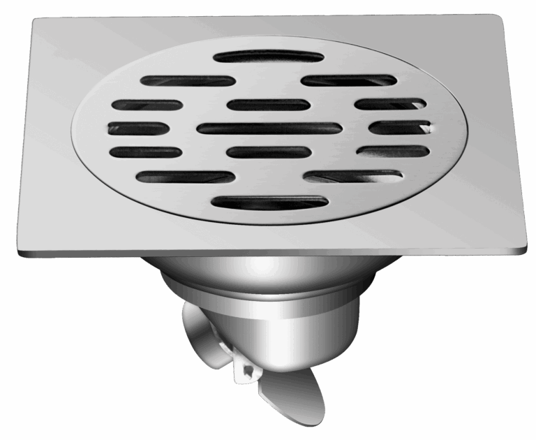 Stainless steel floor drain with slotted cover.