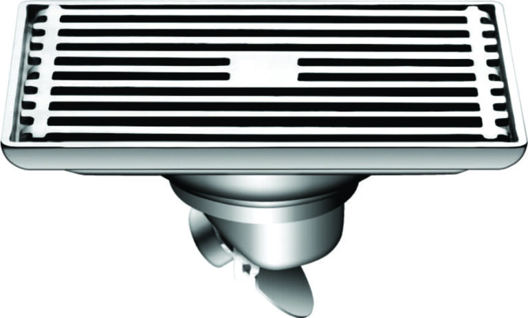 Rectangular stainless steel floor drain with slotted cover.