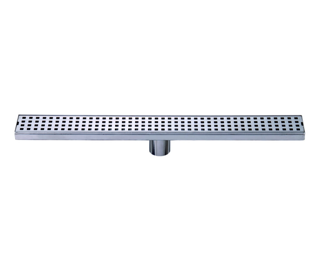 Stainless steel linear shower drain with square holes.