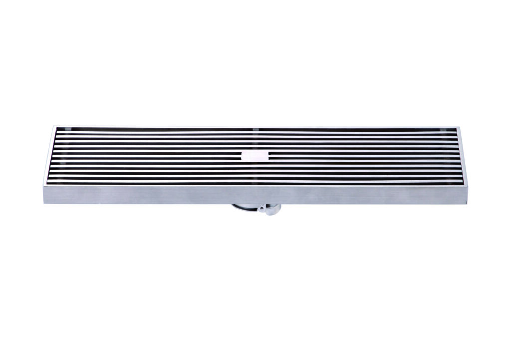 Stainless steel linear shower drain with horizontal slats.