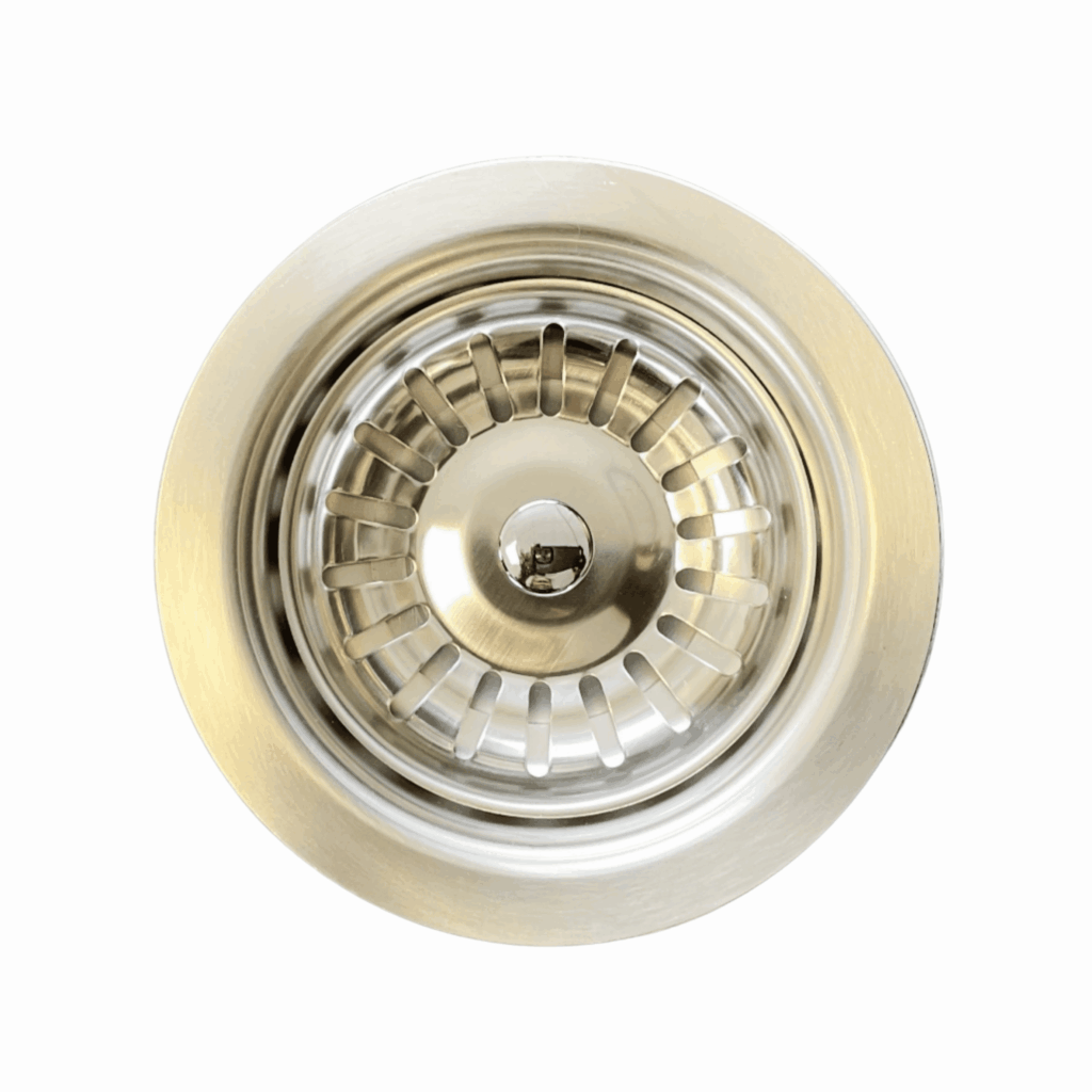 Stainless steel sink basket strainer, top view.